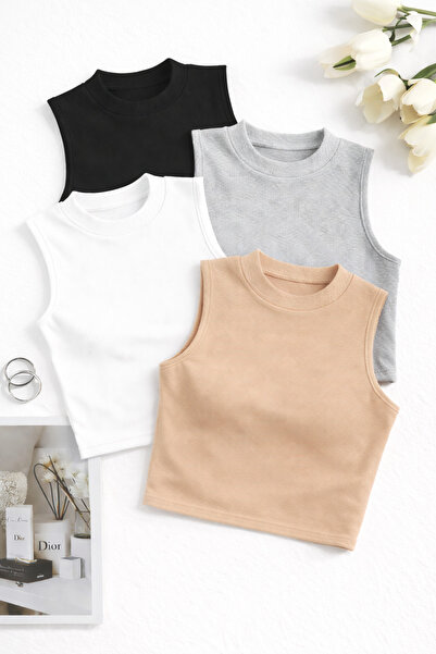 CATSPY Γυναικείο Σετ 4 τεμαχίων Crop Athlete Ριμπ Αμάνικη Βασική Μπλούζα – Κα...