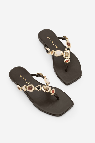 Marjin Γυναικείες παντόφλες με μεταλλική χρυσή αγκράφα, με ανοιχτό δάχτυλο, κ...