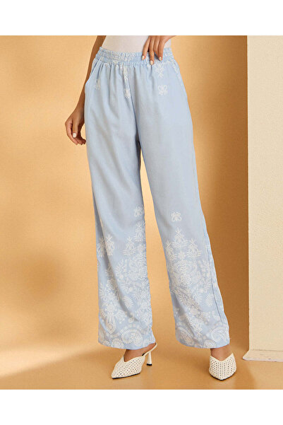REDTAG Women Blue Printed Wide Leg Casual Trouser