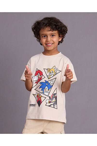 REDTAG Boys Beige Sonic Z Printed T-Shirt