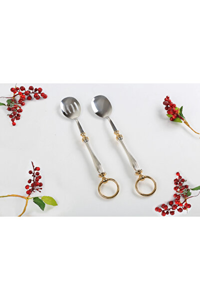 alya home aksesuar 2-Piece Silver Salad Serving Spoon Set with Rings – for St...