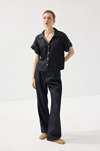 Gusto Tencel Denim Belted Trousers - Navy Blue