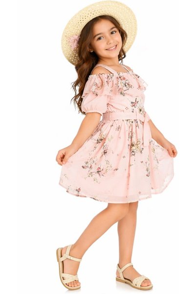 İrem Çocuk Giyim Girl's Floral Patterned Straw Hat, Lined, Belted Waist, Midi Length, Pink Color Dress