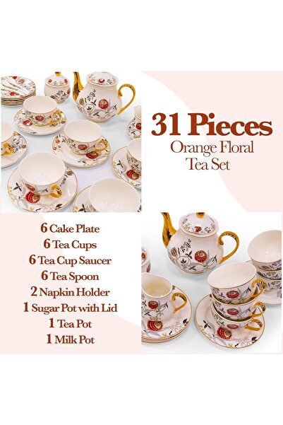 B & S B&S 31-Piece Porcelain Tea Set for 6 | Vintage Floral Tea Service with Teapot, Sugar & Milk Pot, Cup