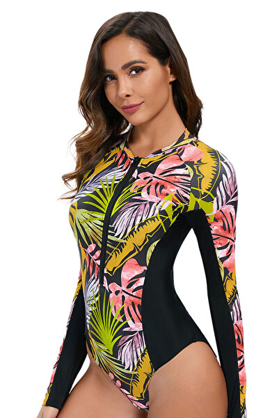 EFAYN.RO Costum de baie, o piesa, cu maneca lunga si imprimeu floral, marimea...