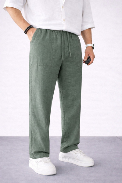 BM BALANCEMODA Ανδρικό άνετο καλοκαιρινό γκρι φαρδύ παντελόνι Λινό