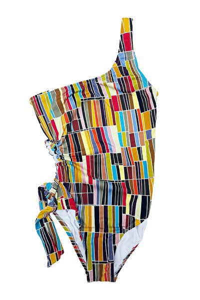 LOOK ME Ethnic Striped Asymmetrical Cut Side-Tie Girls' Swimsuit
