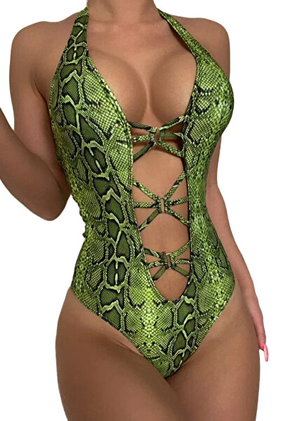 EFAYN.RO Women's swimsuit, one piece, snake animal print, green, deep V neckl...