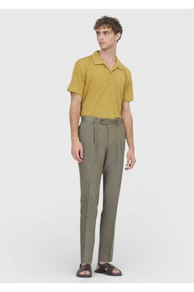 Ramsey Khaki Woven Regular Fit Casual 100% Linen Trousers