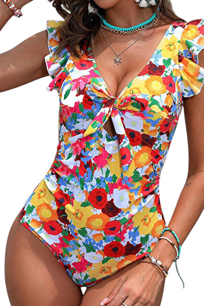 EFAYN.RO Swimsuit, one piece, cheerful and delicate pattern, V-neckline, size...