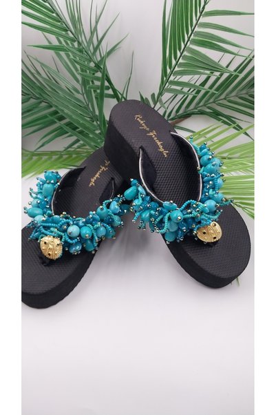 Yaseminli Butik Black Eva Sole Bead Embellished Wedge Sole Flip Flops