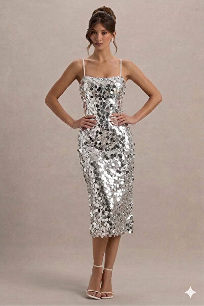 AFR CLOTHES Ασημί λαμπερό φόρεμα για εκδηλώσεις και πάρτι με μεγάλες παγιέτες...