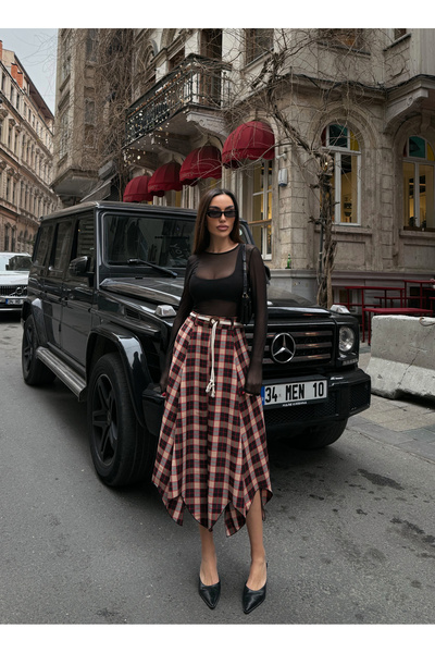 Fav Style Γυναικεία ασύμμετρη μίντι φούστα με καρό σχέδιο και ψηλή μέση