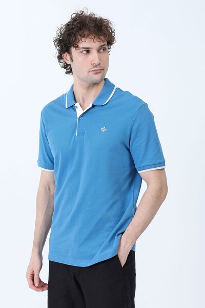 JB John Borners Men's Polo Collar Lily Embroidered 100% Cotton T-Shirt Blue W...