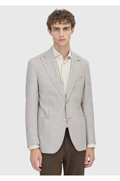 Ramsey Beige Patterned Zeroweight Slim Fit Silk Blend Jacket