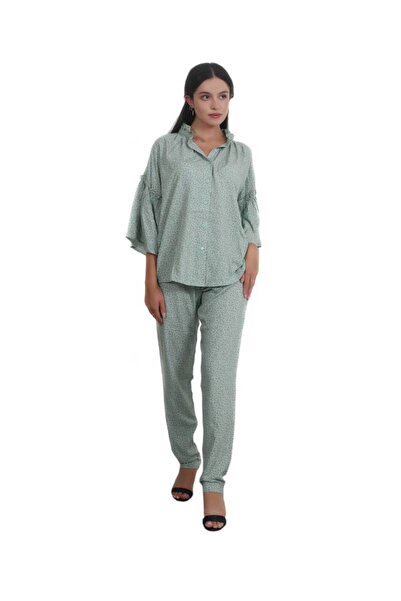 Dakakeen Concept Green Floral Print Set – Elegant Two-Piece Pants & Shirt Fem...
