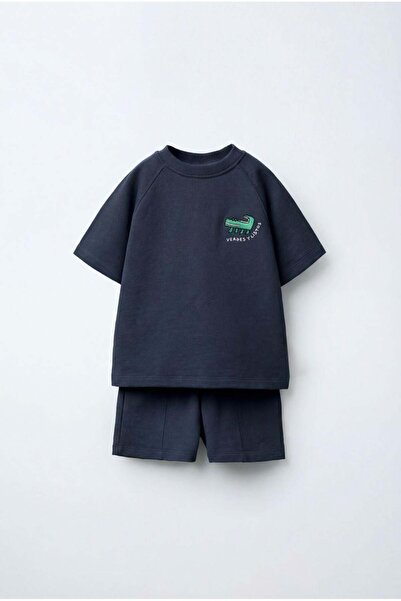 Magu Unisex Παιδικό Βαμβακερό Σετ Σορτς με Κέντημα Κροκόδειλου σε Ναυτικό Μπλε