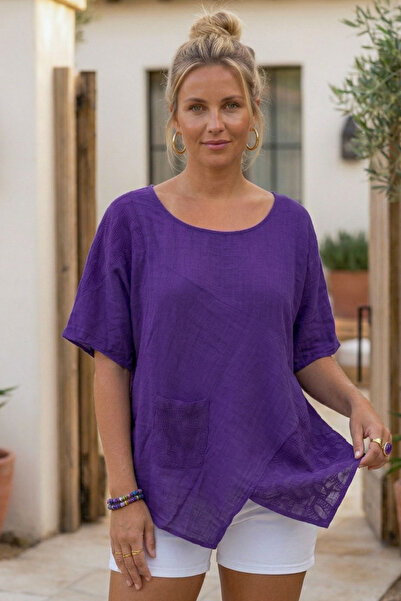 Chiccy Μωβ μπλούζα με λαιμόκοψη πισίνα, κοντό μανίκι, τσέπες, κεντητή, ασύμμε...