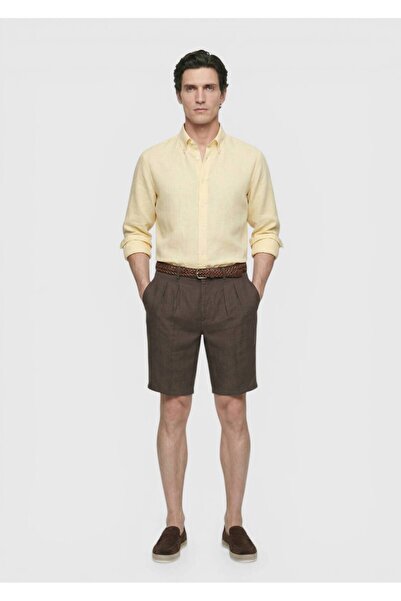 Ramsey Brown Plain Woven Carrot Fit Casual 100% Linen Bermuda Shorts