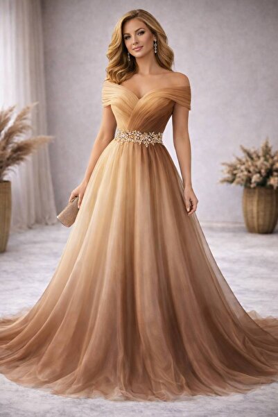 TESATURI OUTLET Καφέ και χρυσό ντεγκραντέ οργάντζα – πλάτους 150 εκ.