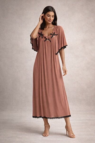LaFont Women's Long Nightgown with Luxurious Lace Trim on the Shoulders
