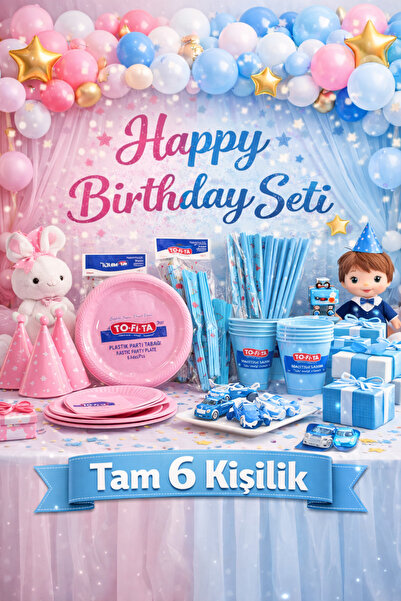 12 Kişilik Karışık Doğum Günü Parti Seti – Pembe & Mavi Full Parti Paketi