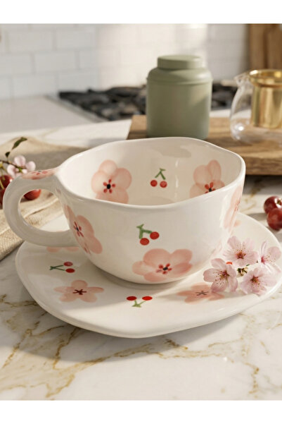 Bam Ceramic Mug with Floral Pattern and Plate - Color Options Available