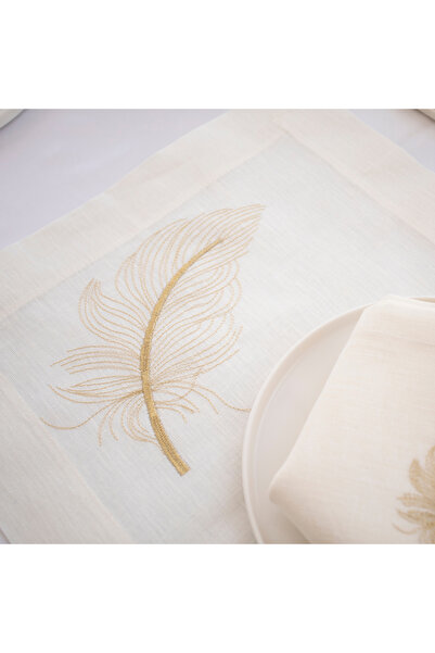 Dakakeen Concept Linen Tablecloth & Golden Feather Napkin Set – 12-Piece Luxu...