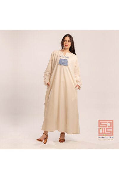 Dakakeen Concept Mashael Al Turath White Thobe – Embroidered “Life” Logo, Her...