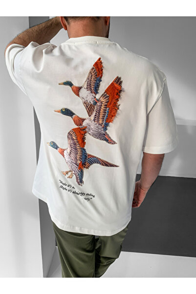 NO1 KONSEPT Λευκό Premium Oversize T-Shirt με Κέντημα Πάπιας