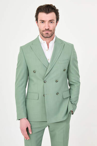 Mcr Straight Slim Fit Wide Collar Double Breasted Men's Suit Green - 45469.26Y