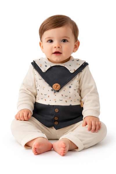 Babyim طقم من 3 قطع للأطفال الذكور بتصميم منقوش وتفاصيل ياقة، مع وشاح ومريلة،...