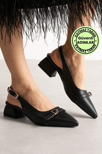 remss 5cm Two Buckle Short Heeled Shoes Skin Black