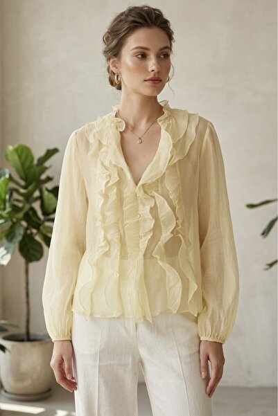 Suziş V-Neck Transparent Blouse with Fur Trim and Button Detail Li̇a92