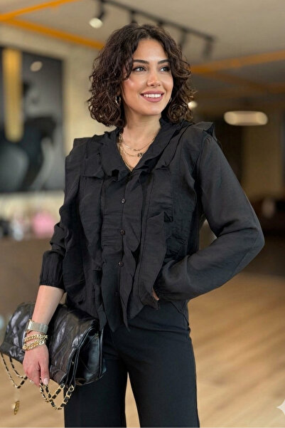 Suziş V-Neck Transparent Blouse with Fur Trim and Button Detail Li̇a92