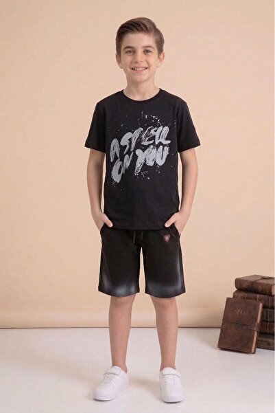 Cansın Mini Μαύρο μπλουζάκι με στάμπα γκράφιτι και σορτς για αγόρια, σετ 2 τε...