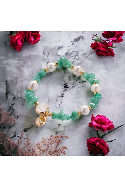 Ezera Βραχιόλι Φιλίας Camille από πράσινα τσιπς αβεντουρίνης και μαργαριτάρια