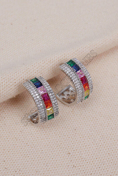 Süspüs Accessories Colorful Zircon Stone Silver Hoop Earrings