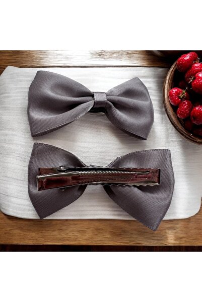 ALS Tasarım Dünyası Satin Fabric Gray Color Bow Model 2-Piece Hair Clip, Clip...
