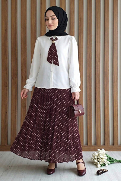 TrendParis Σετ μπλούζας και φούστας με πουά επένδυση, μπορντό