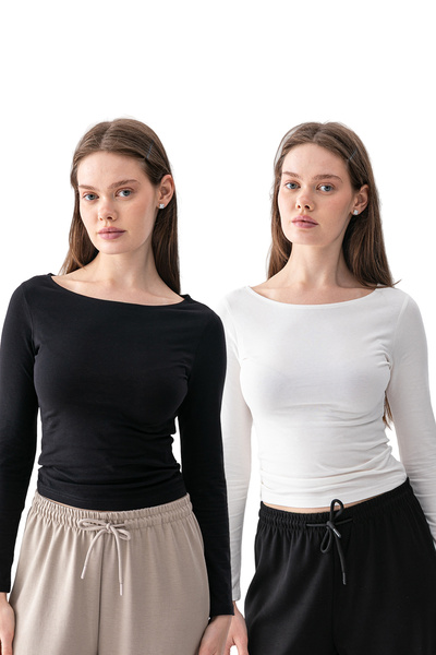 Warasiva Γυναικεία Μαύρο-Εκρού (Λευκό) Μπλούζα 2 τεμαχίων, ελαστική, που αγκα...