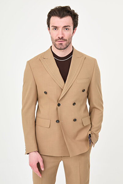 Mcr Straight Slim Fit Wide Collar Double Breasted Men's Suit Camel - 45469.26Y