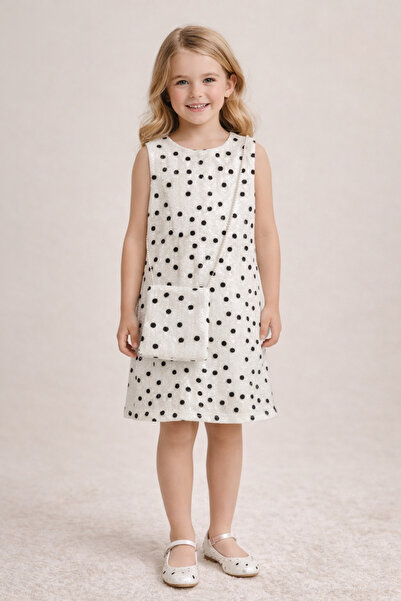 Uğur bebe Κοριτσίστικο φόρεμα μοντέλο Emily με τσάντα εκρού, μαύρο πουά με πα...