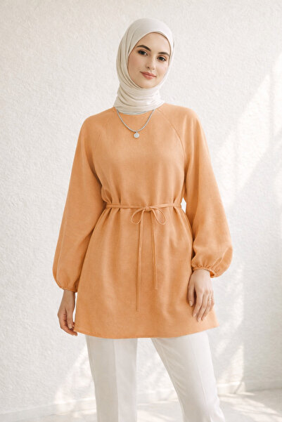 Kirazgym Women's Lace-Up Waist Long Sleeve Hijab Blouse Tunic - Orange
