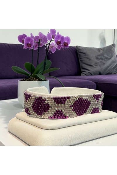 Ezera Κομψό βραχιόλι με χάντρες Miyuki, ραμμένο στο χέρι σε μωβ-ασημί, με κού...