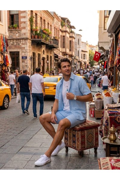 no4 style Textured Sofi̇a Linen 2-Piece Shirt Shorts Set