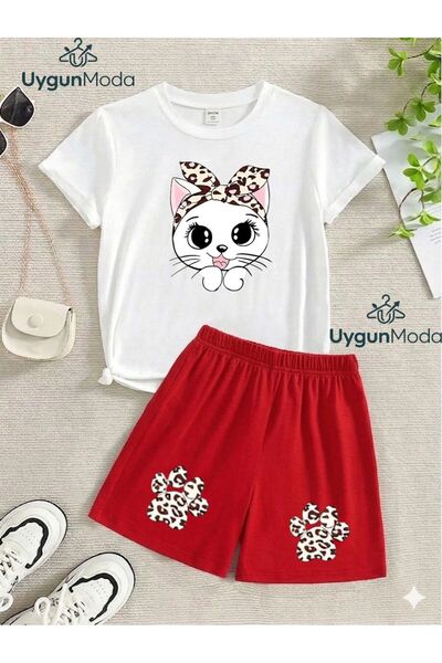 UygunModa BİR KEDİ İKİ PATİ BASKILI T-SHİRT ŞORT YAZLIK ALT-ÜST ÇOCUK TAKIMI