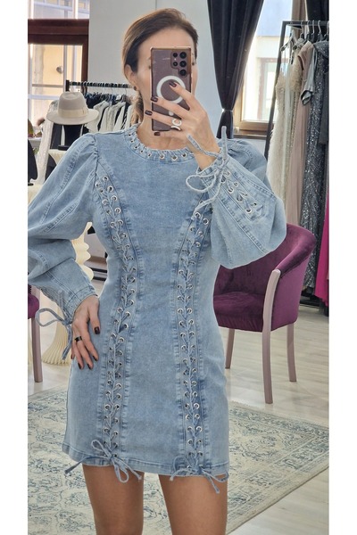 OEM Γυναικείο τζιν φόρεμα με κορδόνια – Ελαστικό καθημερινό φόρεμα από μείγμα...