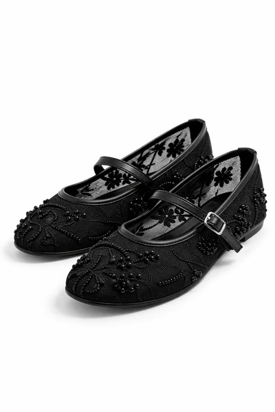 SUNSTEP Γυναικεία διχτυωτά παπούτσια μπαλαρίνας με κέντημα από μαύρες χάντρες...