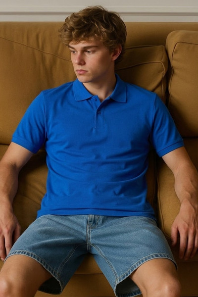 MATERIAL Ανδρικό κοντομάνικο βαμβακερό μπλουζάκι με λαιμόκοψη πόλο σε μπλε χρώμα